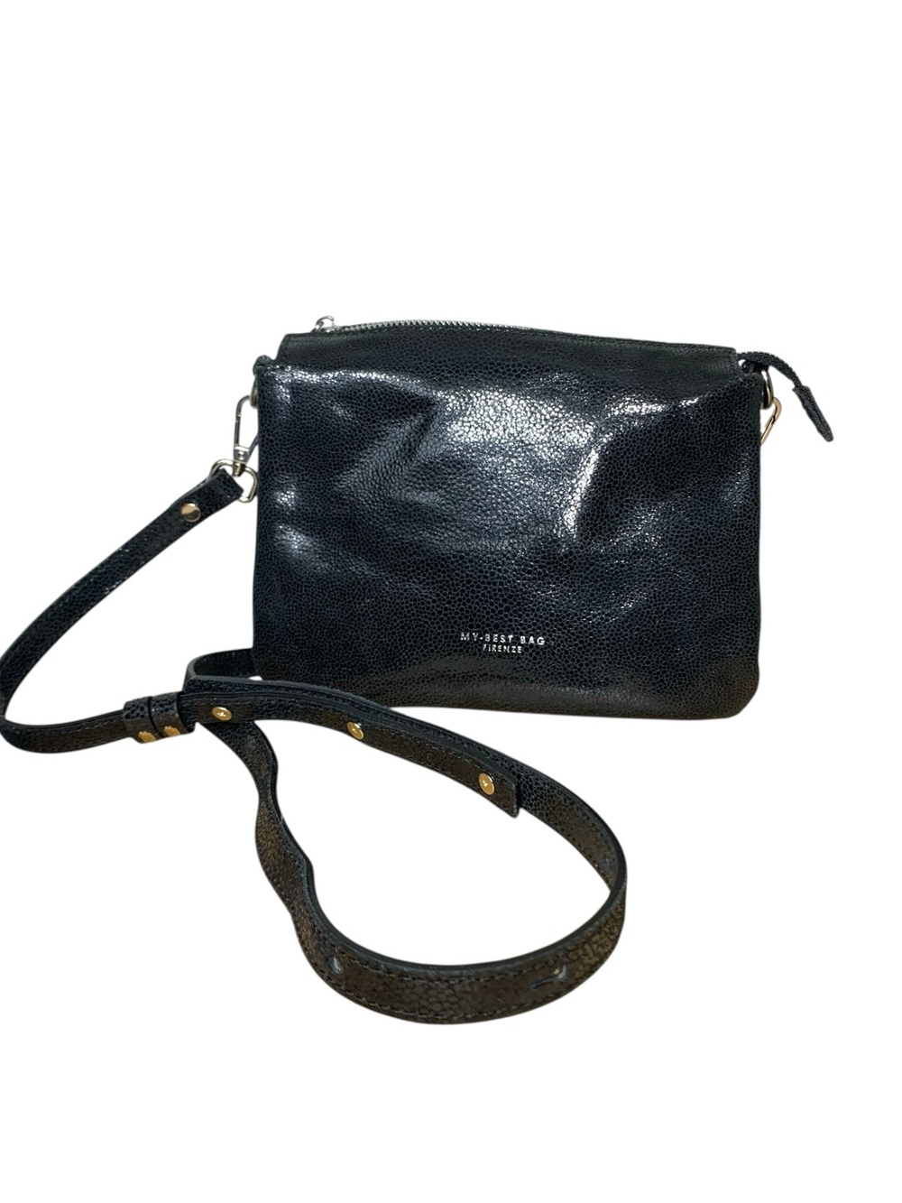 My Best Bag Firenze Reflex Black Grainy Leather Crossbody 3 Zip Glam Italy Bag